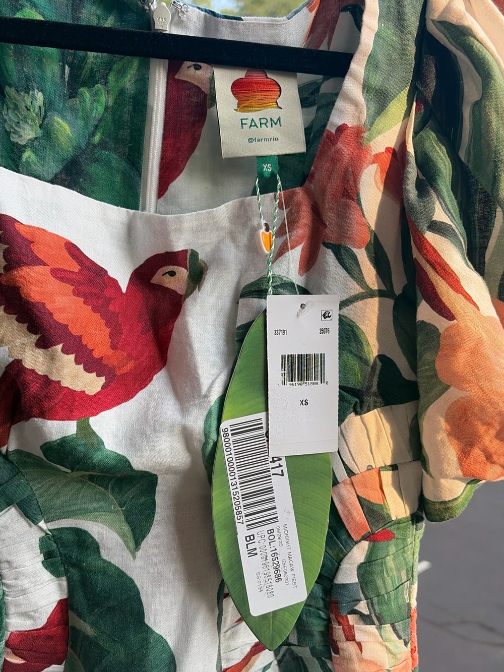 🆕🌿🦜FARM Rio OffWhite Midnight Macaw Fiesta Linen Puff Sleeve Midi Dress XS Party - Picture 11 of 17